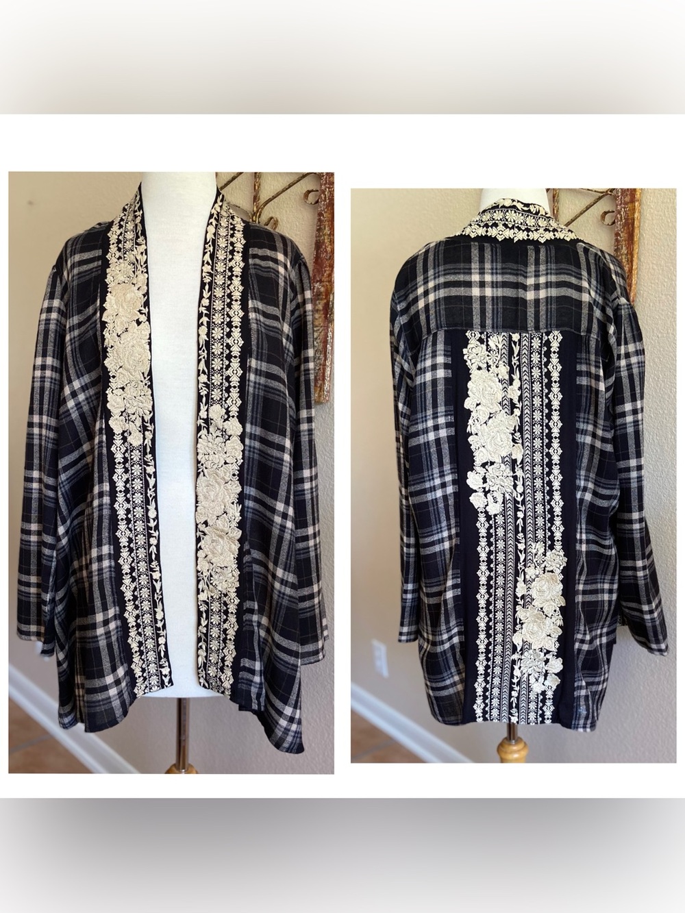 Cardigan / Kimono - Andree by Unit Open Front Navy Black Cream Gray Plaid - Lace